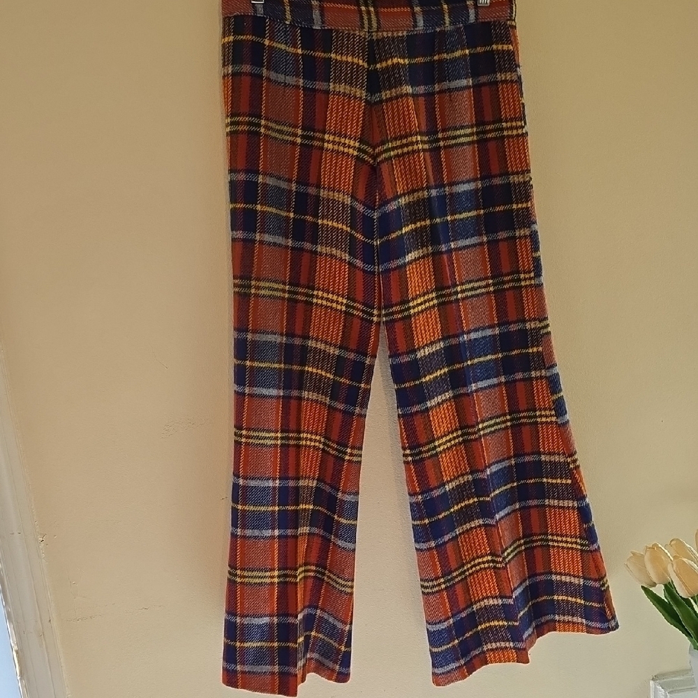 TRUE 70'S Plaid Wide Leg Pants Multicolor Bell Bottoms Wool.Small Hole Repaired. - Picture 3 of 11